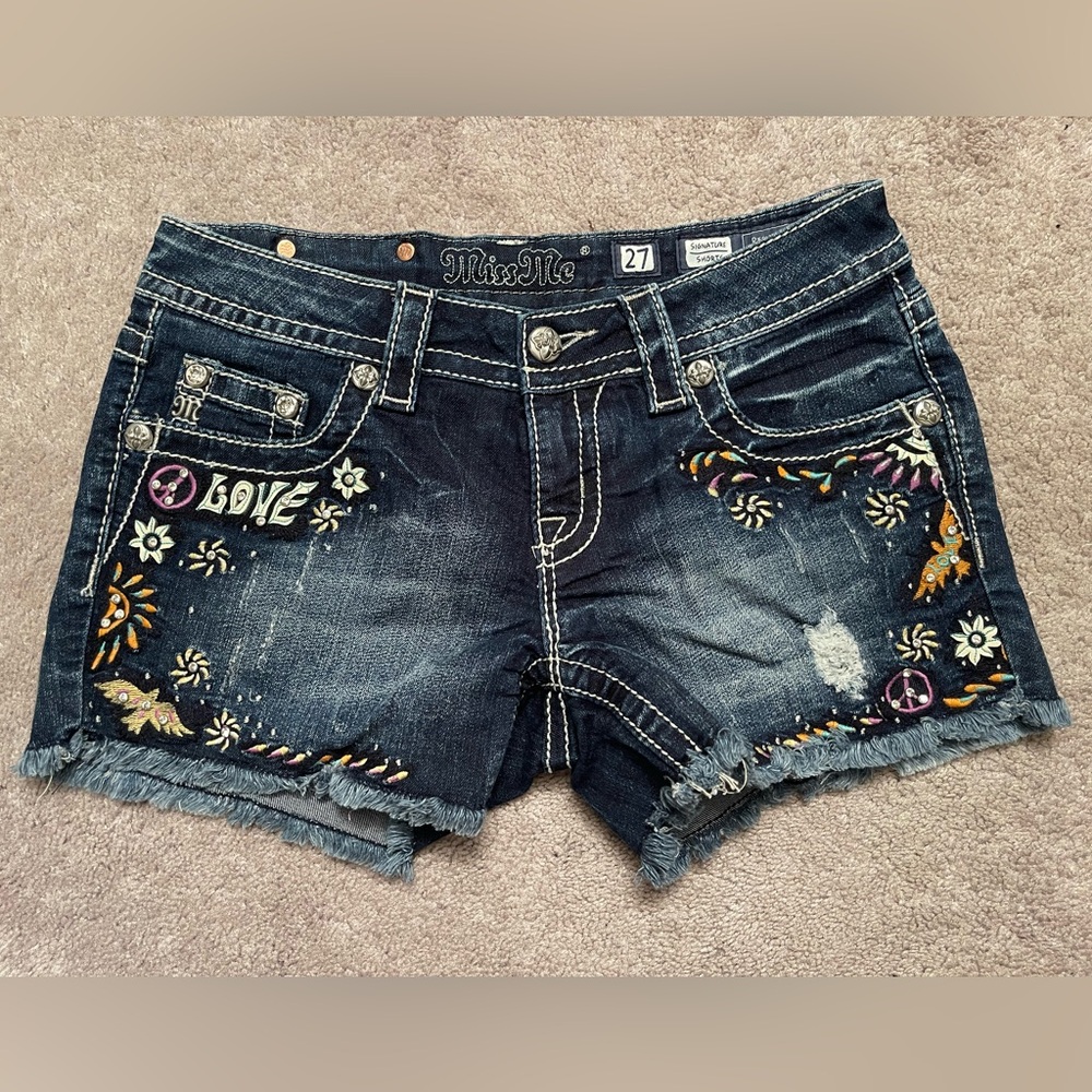 Miss Me Blue Jean Shorts with Embroidery